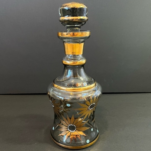 Floral Gold Gilt Glass Wine Liquor Decanter Mid Century Mad Men Bar Cart Painted - Picture 1 of 13